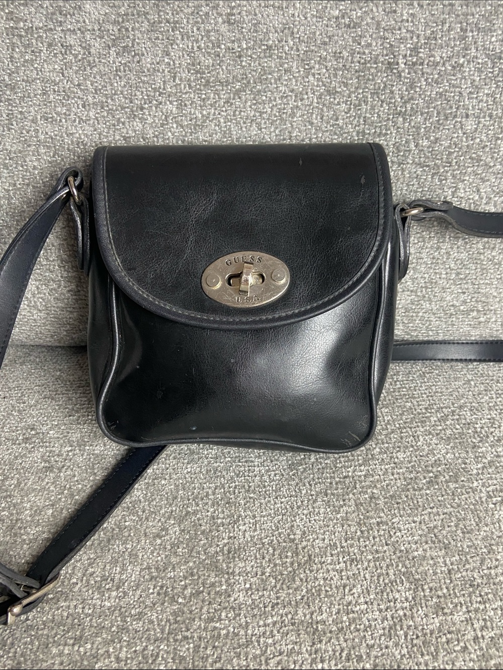 Guess Black Leather Turn-Lock Crossbody Bag